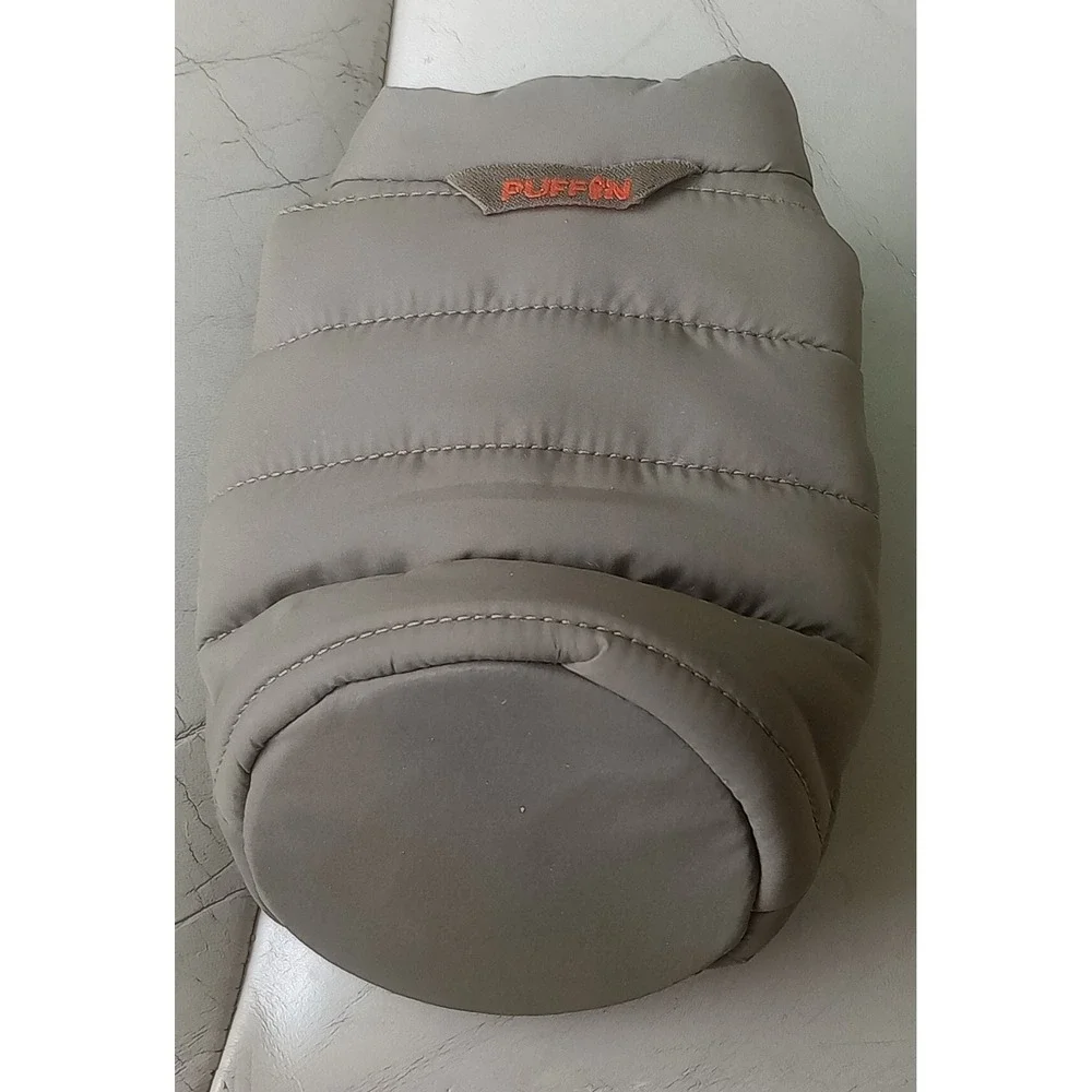 Puffin Beverage Jacket Can Cooler Koozie Olive Green Puffer Vest Orange Zipper